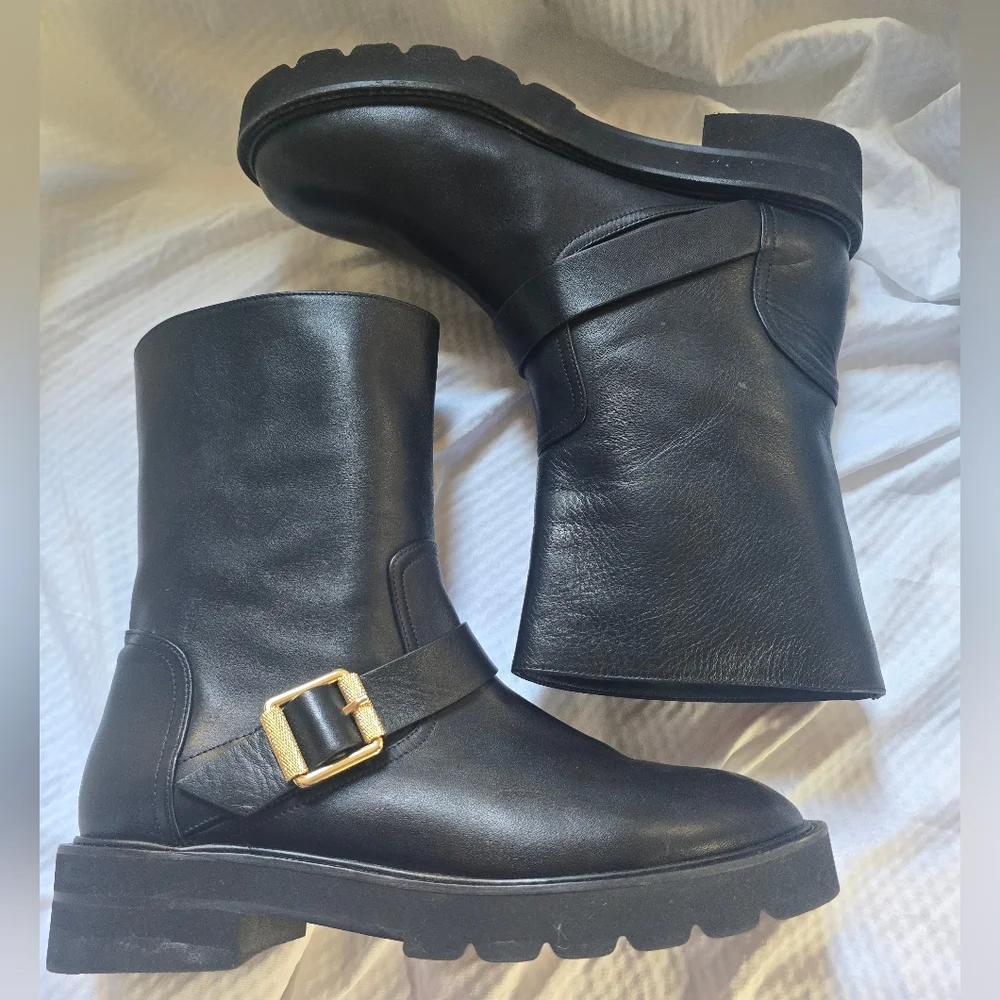 Stuart Weitzman NEW Black Combat Boots with Gold Buckle - Picture 4 of 14